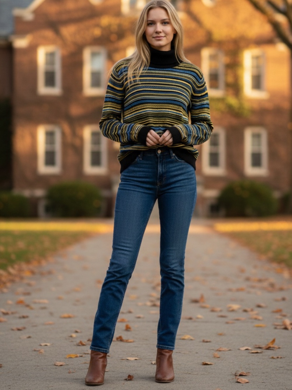 Women’s Vintage Joseph A Blue & Yellow Striped Turtleneck Sweater